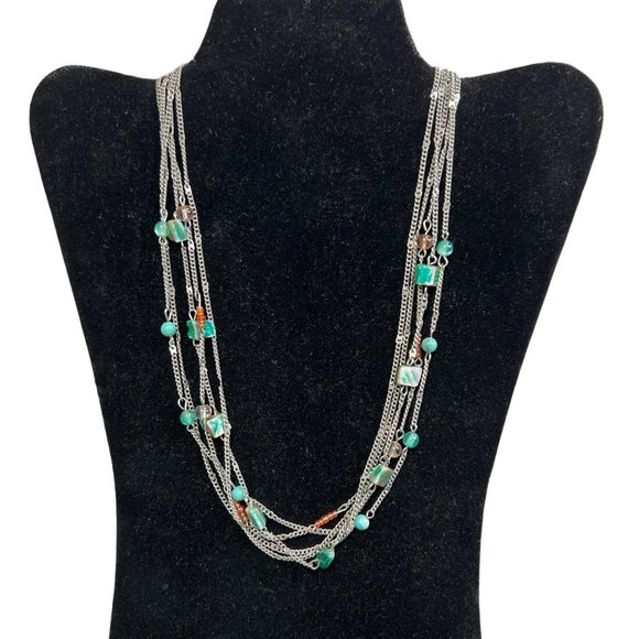 Layered Necklace Silver Tone Chain Turquoise Color Beads 20 inch - Picture 1 of 6